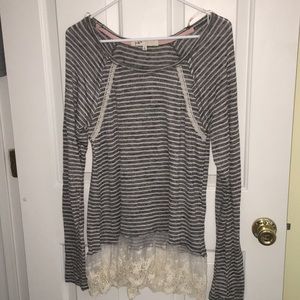 grey striped sweater with lace detail